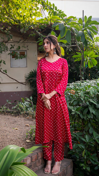 Bandhani Kali Kurta Set In Silk - Dark Pink