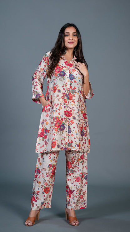 Off White Floral Print Cotton Silk Co-ord Set