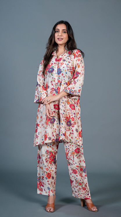 Off White Floral Print Cotton Silk Co-ord Set