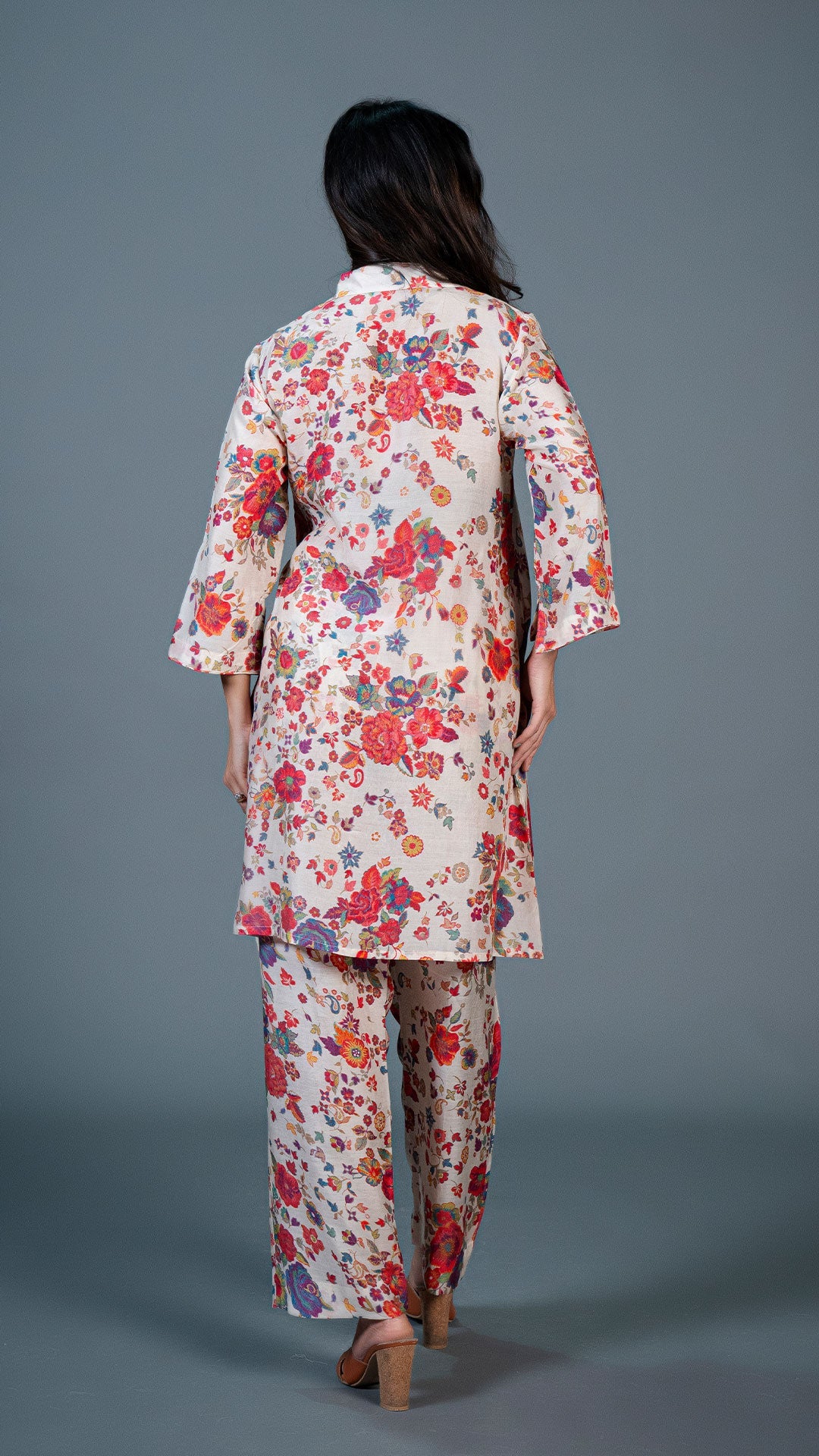 Off White Floral Print Cotton Silk Co-ord Set