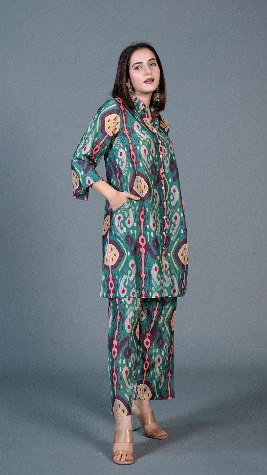 Green Ikkat Print Cotton Silk Co-ord Set