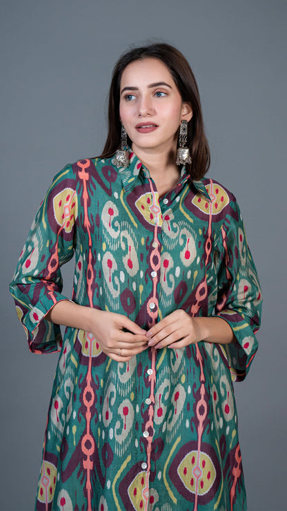 Green Ikkat Print Cotton Silk Co-ord Set