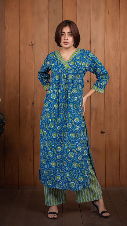 Trisha Sanganeri Hand Block Cotton Kurta -  Blue/Green