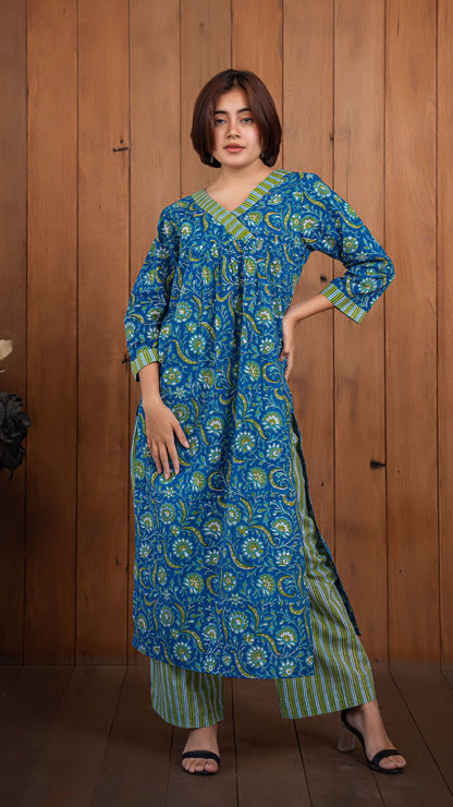 Trisha Sanganeri Hand Block Cotton Kurta -  Blue/Green