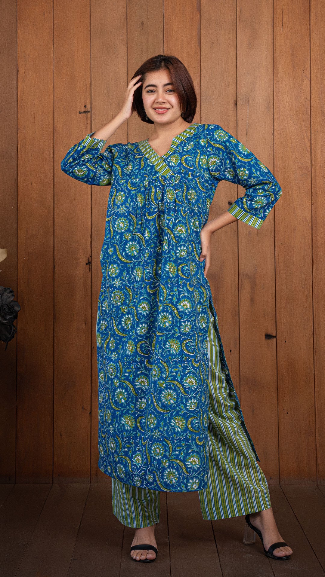 Trisha Sanganeri Hand Block Cotton Kurta -  Blue/Green