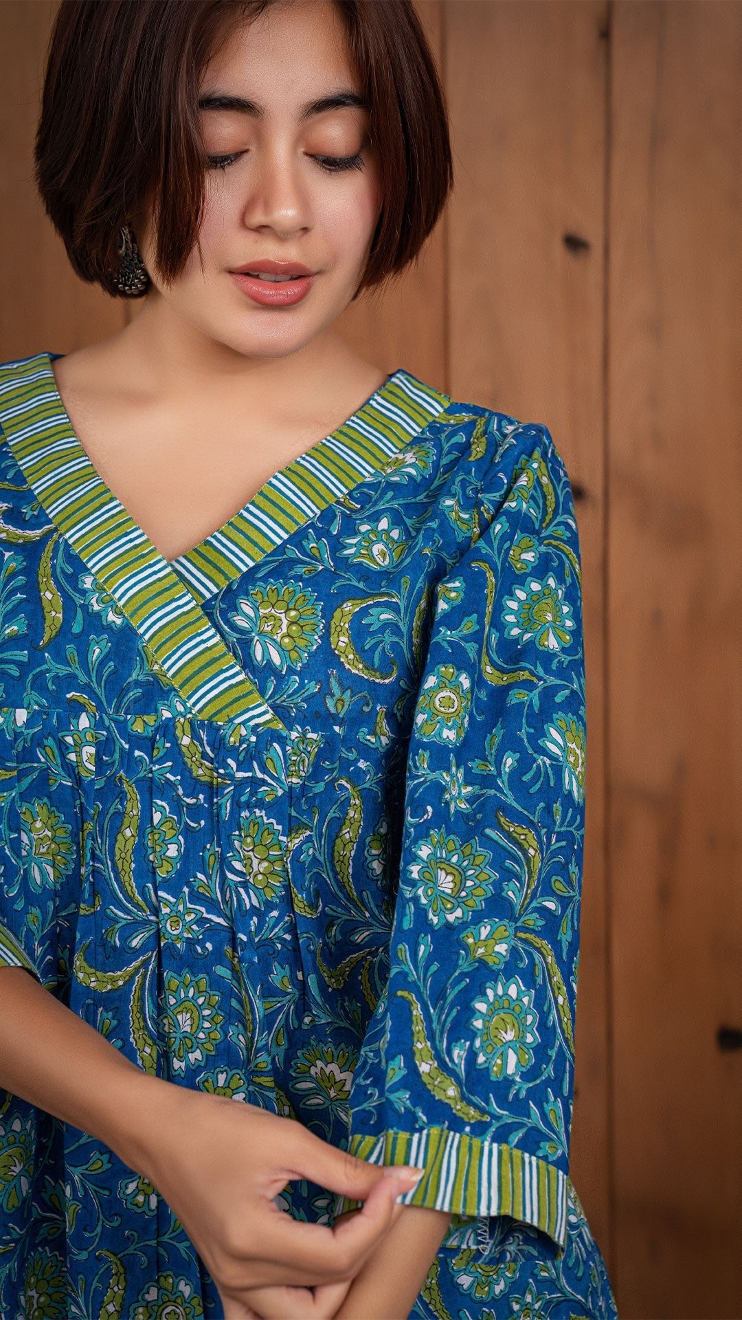 Trisha Sanganeri Hand Block Cotton Kurta -  Blue/Green