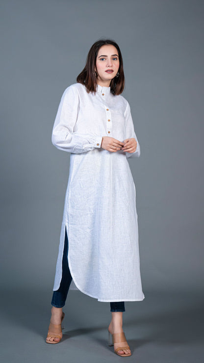 White Jabha Style Linen Kurta