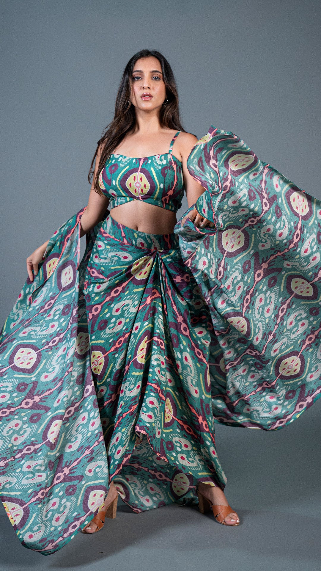 Green Ikkat Print Drape Skirt Set In Cotton Silk