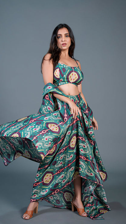 Green Ikkat Print Drape Skirt Set In Cotton Silk