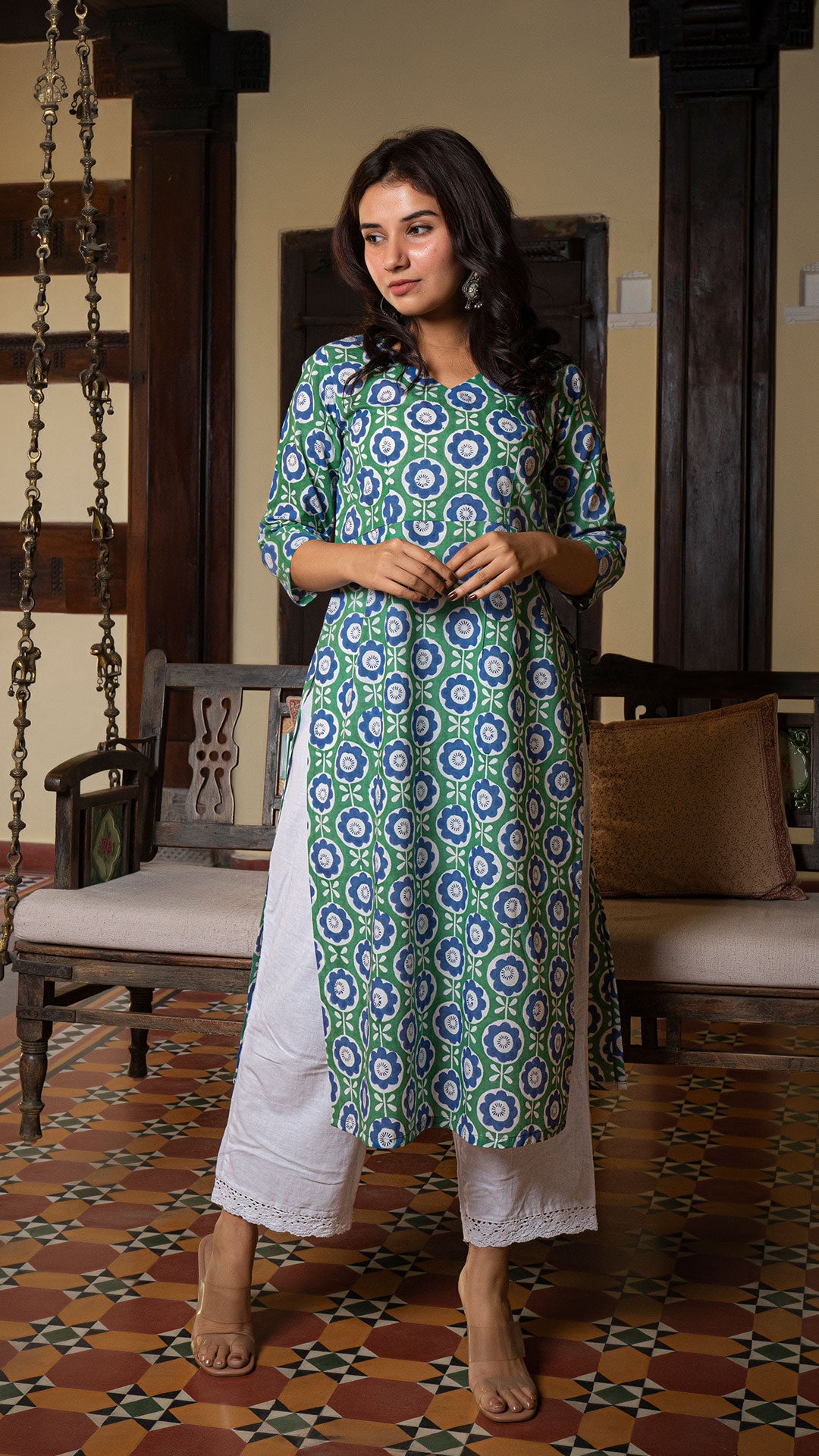 Megha Sanganeri Hand Block Cotton Kurta In Green/Blue