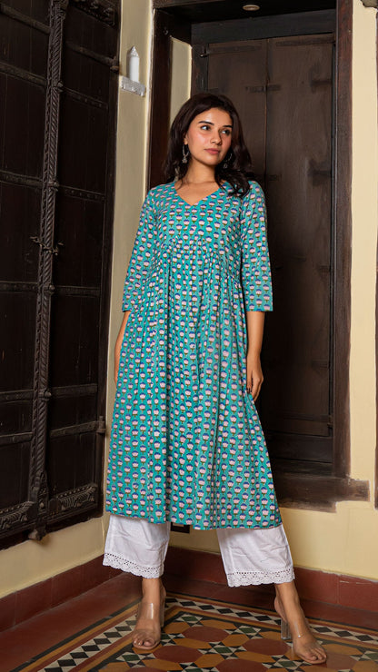 Garima Sanganeri Hand Block Cotton Kurta In Light Blue