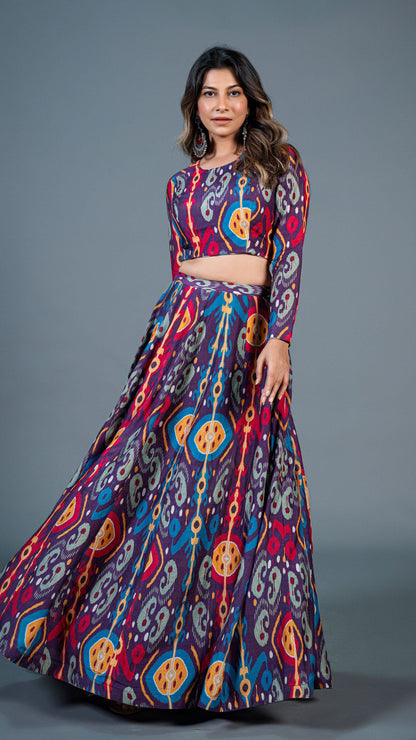 Purple Ikkat Print Lehenga Set In Silk