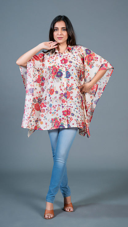 Off White Floral Print Short Kaftan Top In Cotton Silk