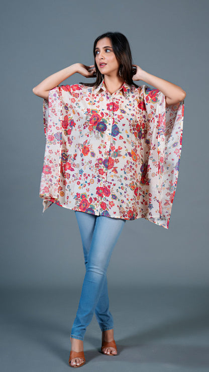 Off White Floral Print Short Kaftan Top In Cotton Silk