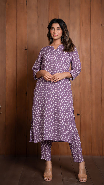 Lavender Geometric Print Pure Linen Kurta