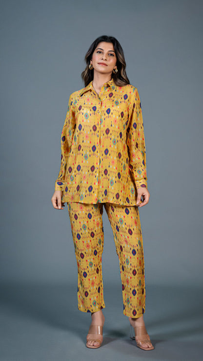 Yellow Ikkat Print Co-ord Set In Cotton Silk