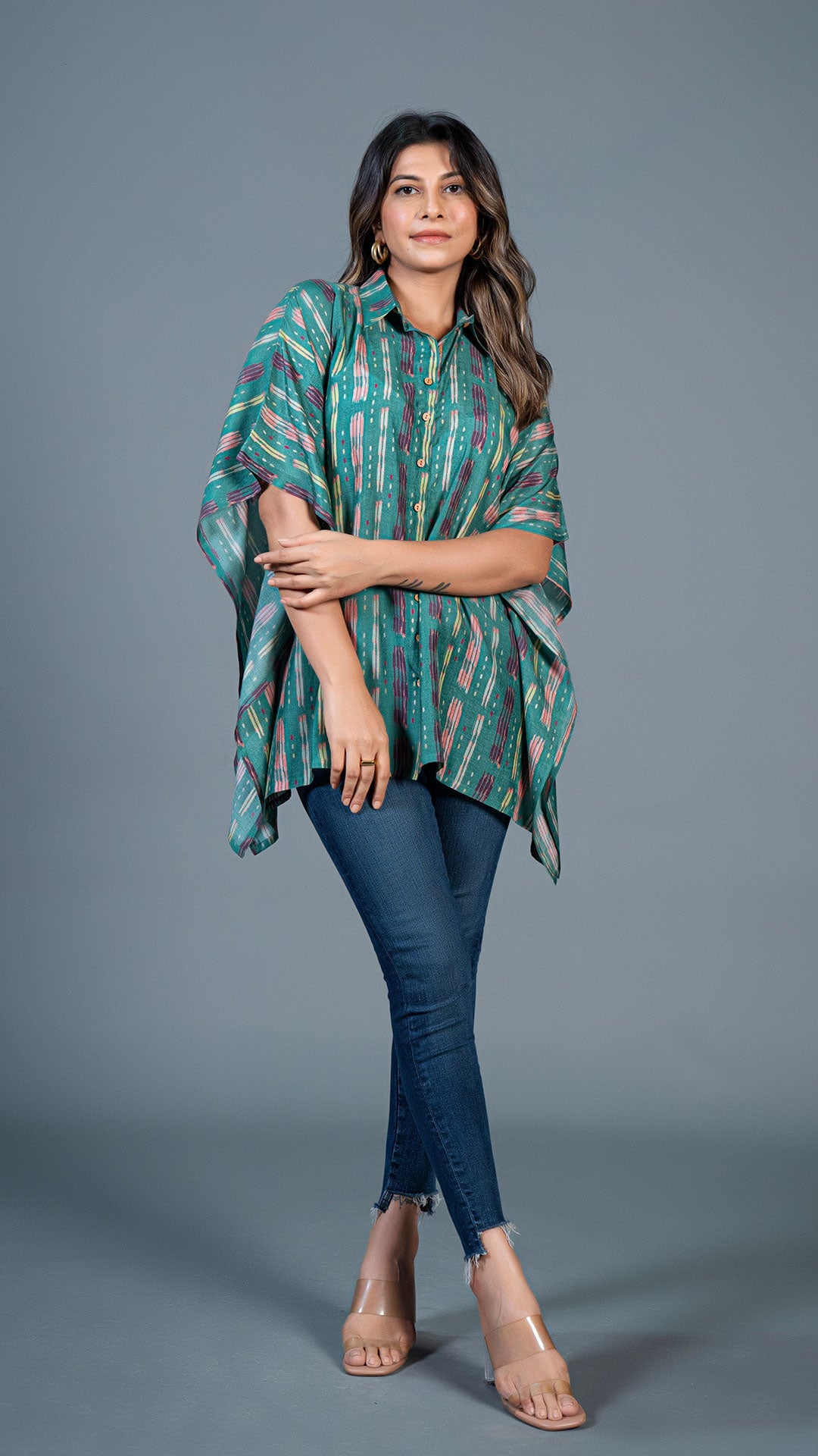 Green Ikkat Print Short Kaftan Top In Cotton Silk