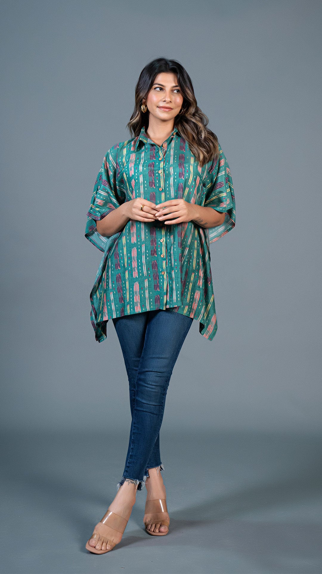 Green Ikkat Print Short Kaftan Top In Cotton Silk