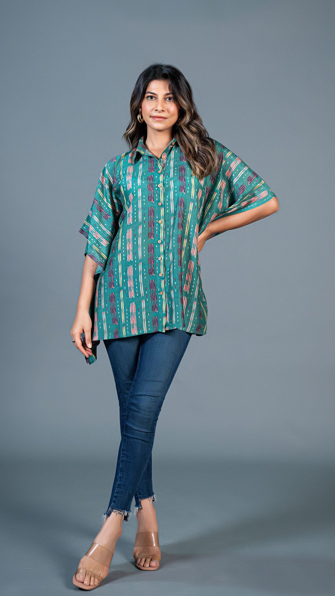 Green Ikkat Print Short Kaftan Top In Cotton Silk