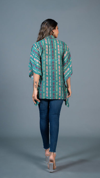 Green Ikkat Print Short Kaftan Top In Cotton Silk