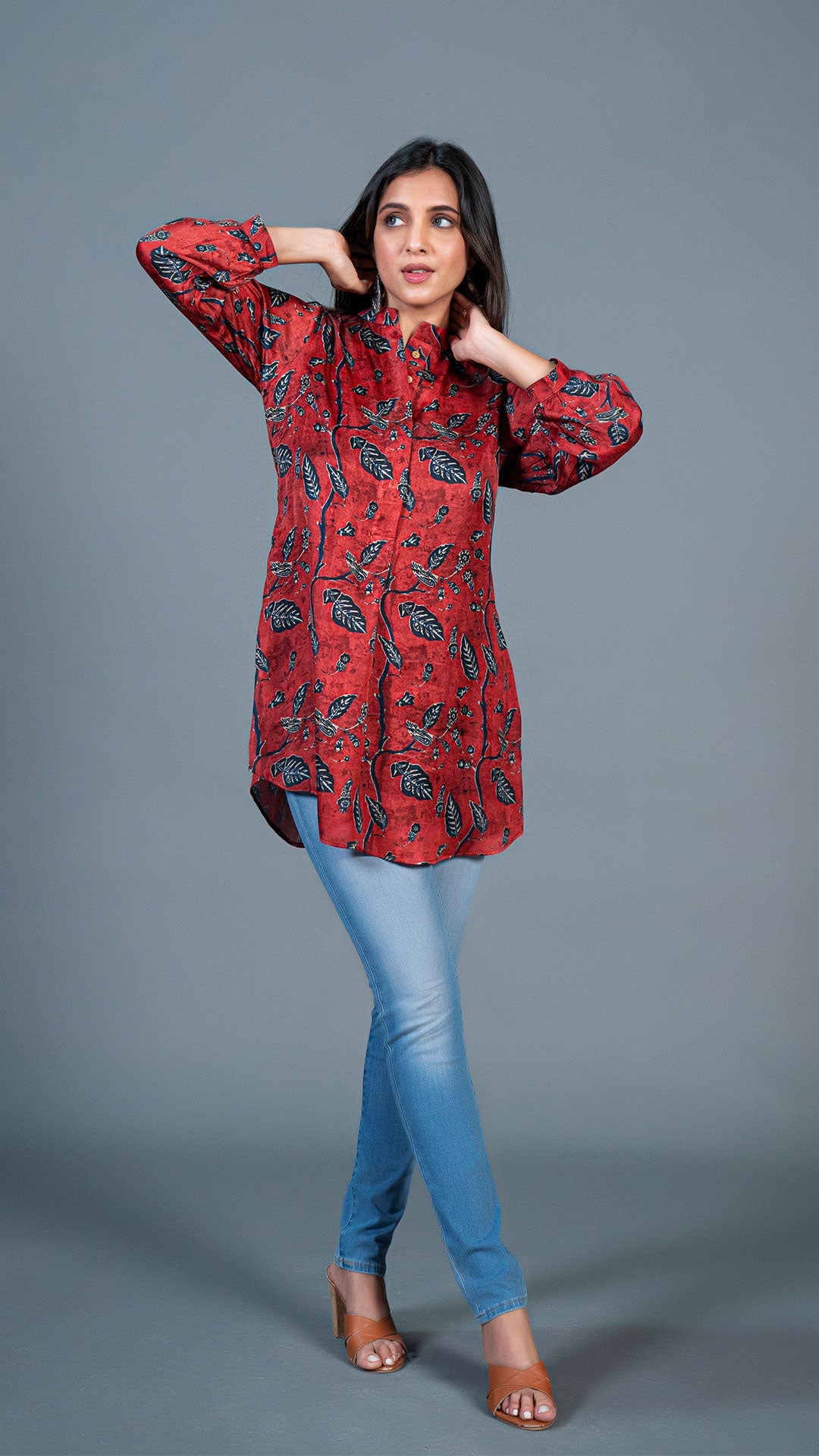 Deep Red Floral Print Short Top In Modal Satin Silk