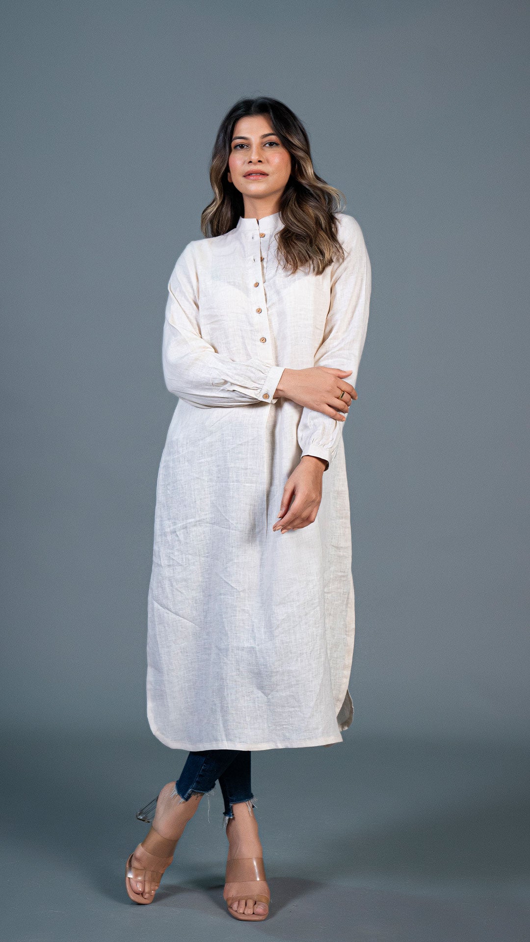 Beige Jabha Style Linen Kurta