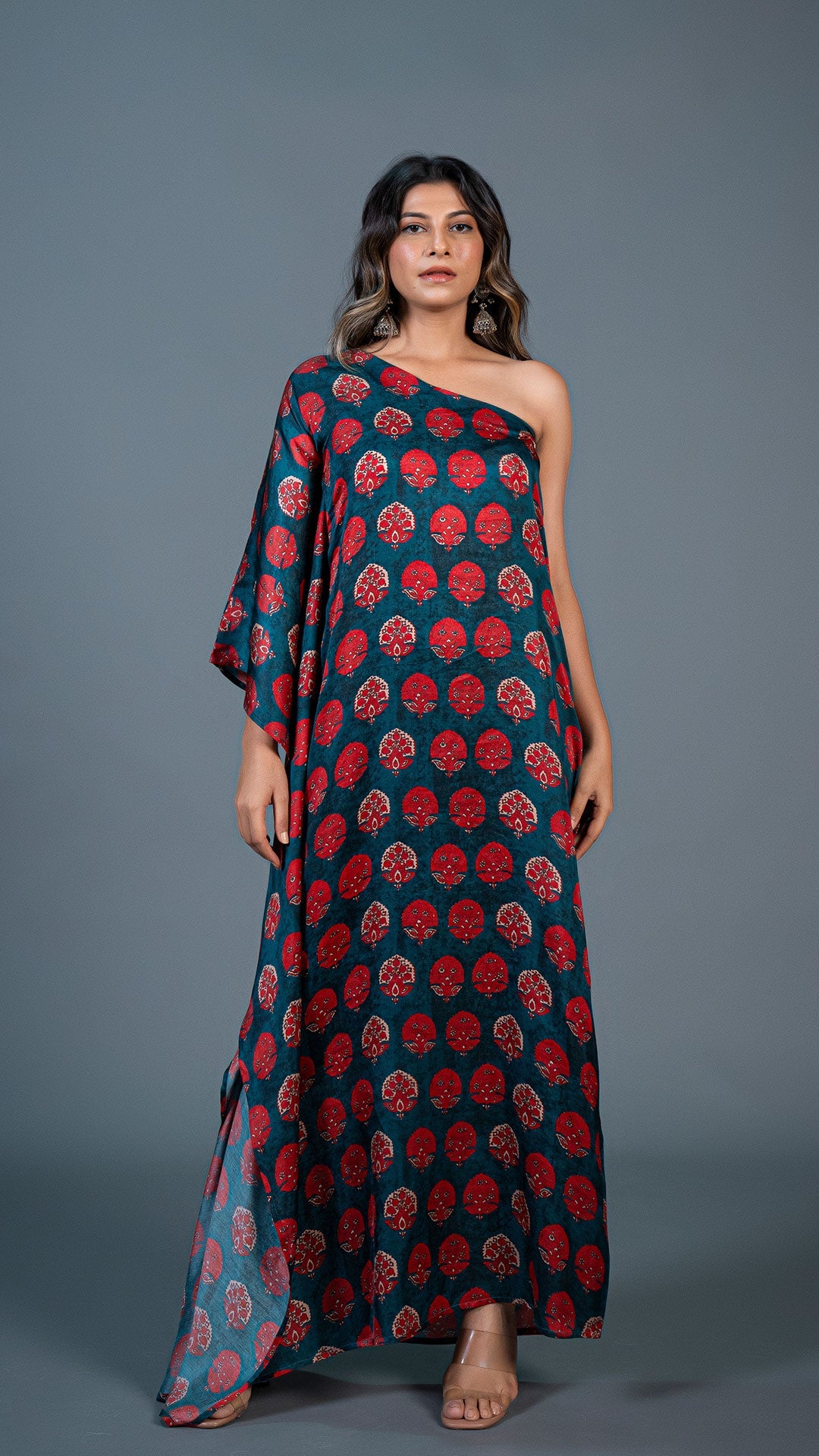 Teal Green One Shoulder Kaftan With Red Motifs In Modal Silk