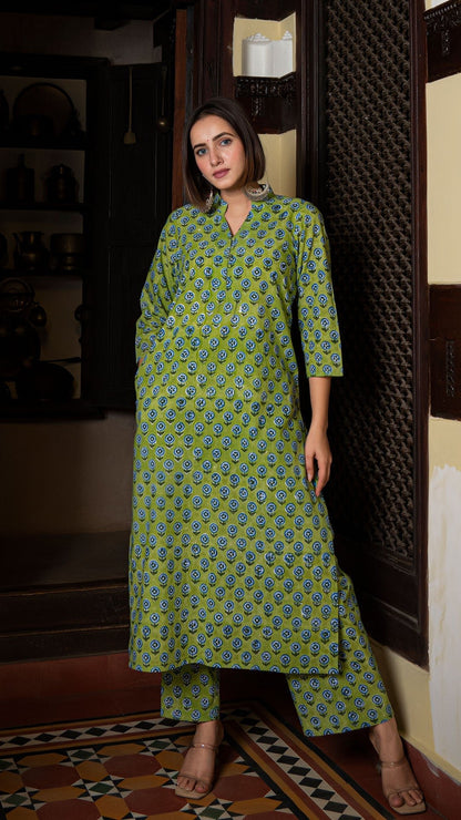 Palak Sanganeri Hand Block Cotton Kurta In Green