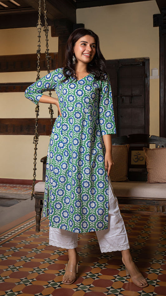 Megha Sanganeri Hand Block Cotton Kurta In Green/Blue