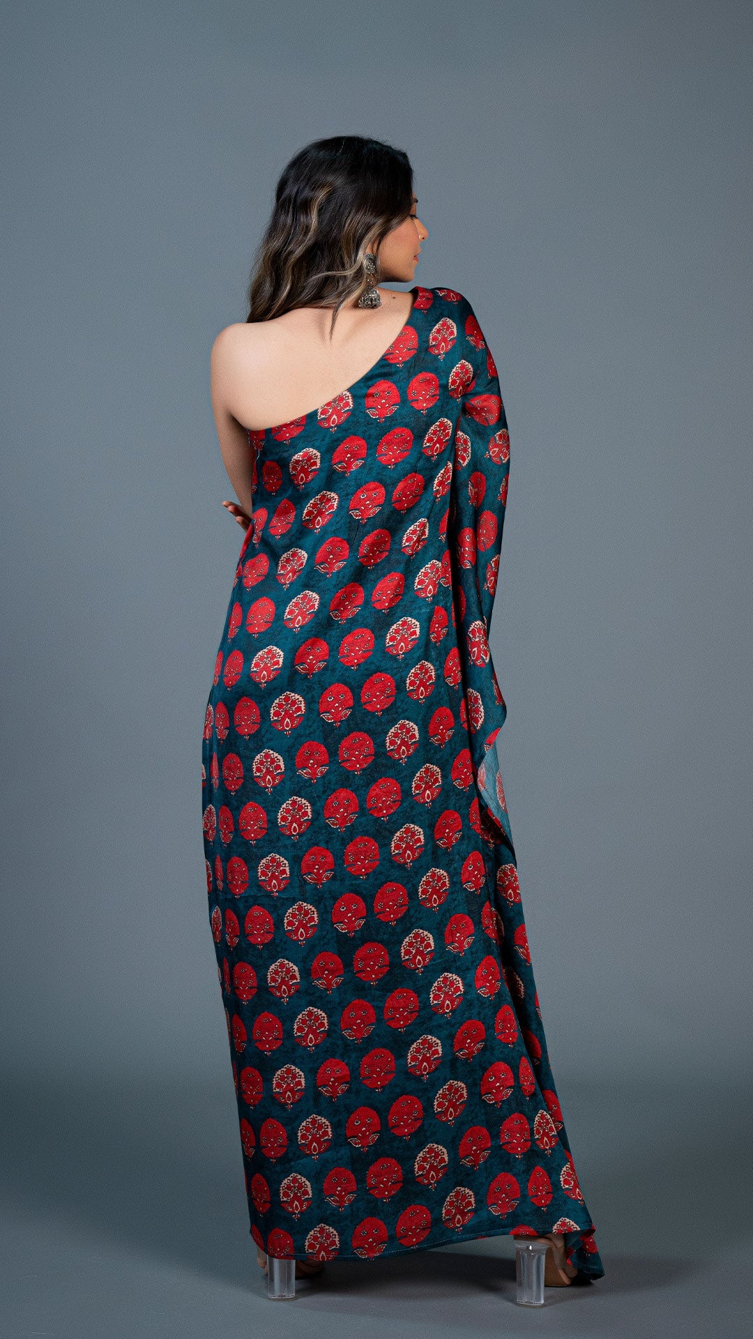 Teal Green One Shoulder Kaftan With Red Motifs In Modal Silk