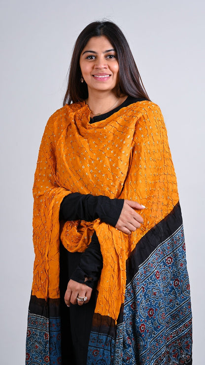 Yellow Bandhani Ajrakh Dupatta In Modal Silk