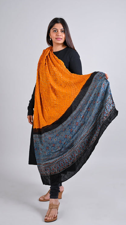 Yellow Bandhani Ajrakh Dupatta In Modal Silk