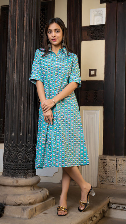 Saanvi Sanganeri Hand Block Cotton Shirt Dress