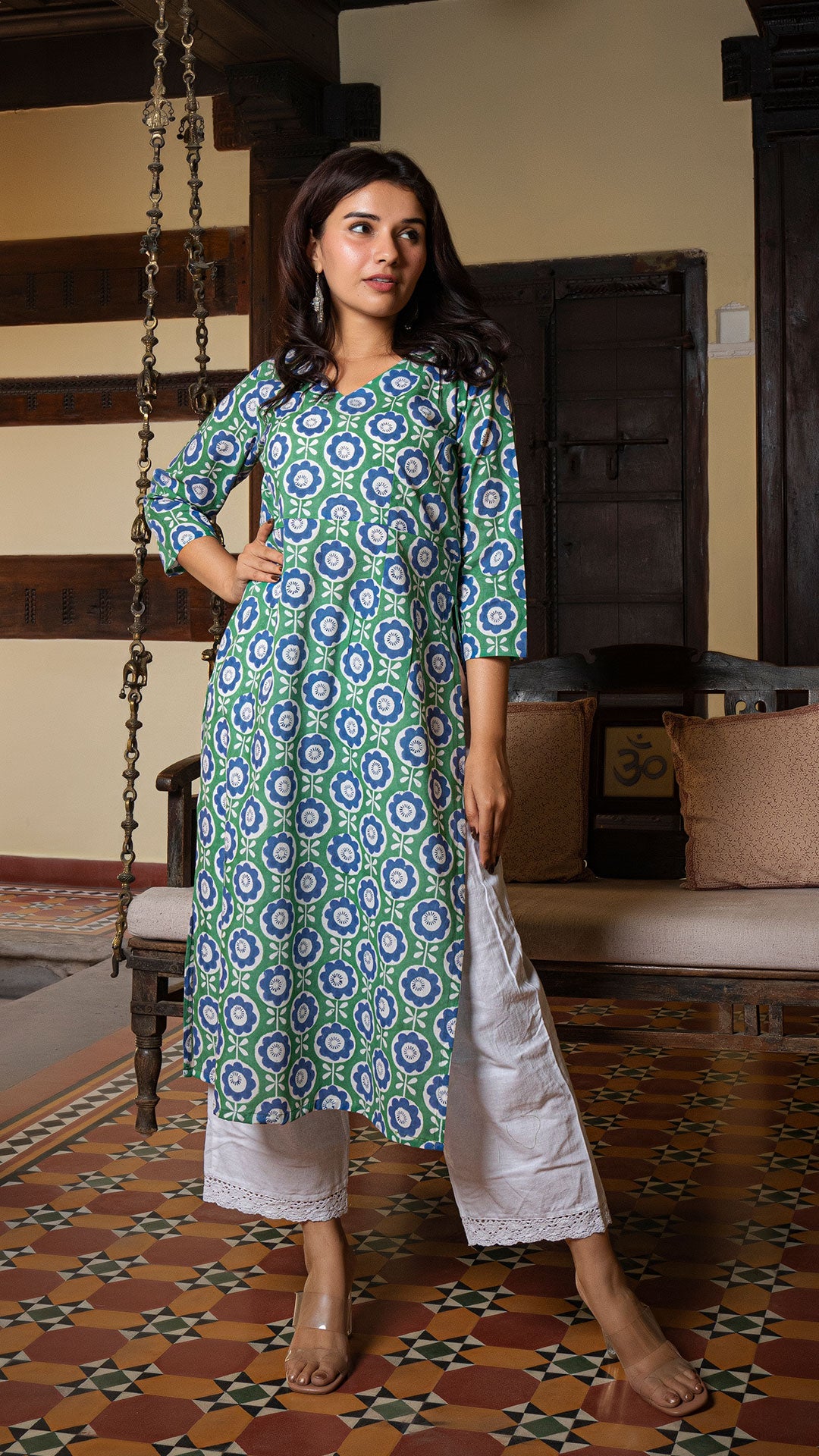 Megha Sanganeri Hand Block Cotton Kurta In Green/Blue