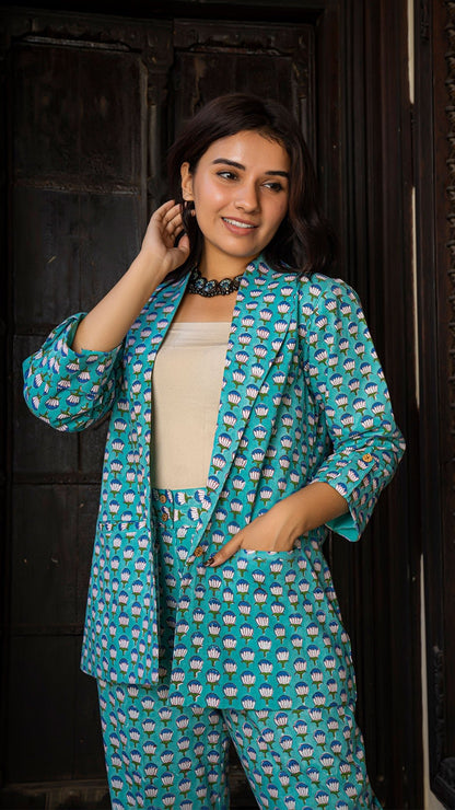 Namita Sanganeri Hand Block Cotton Co-ord Set In Sea Blue