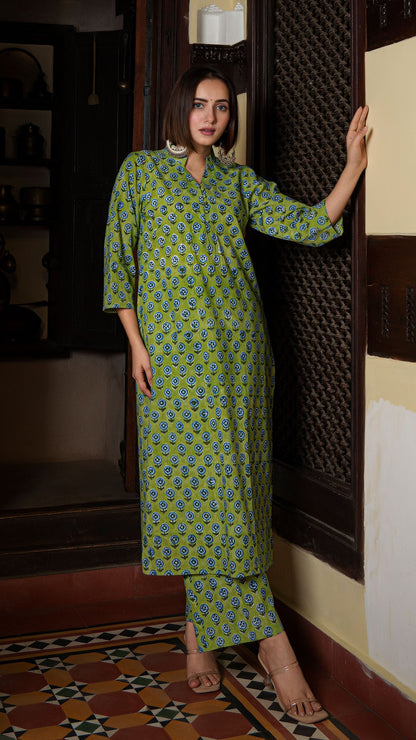 Palak Sanganeri Hand Block Cotton Kurta In Green