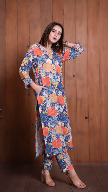 Floral Illusion Pure Linen Kurta - Blue/Multi