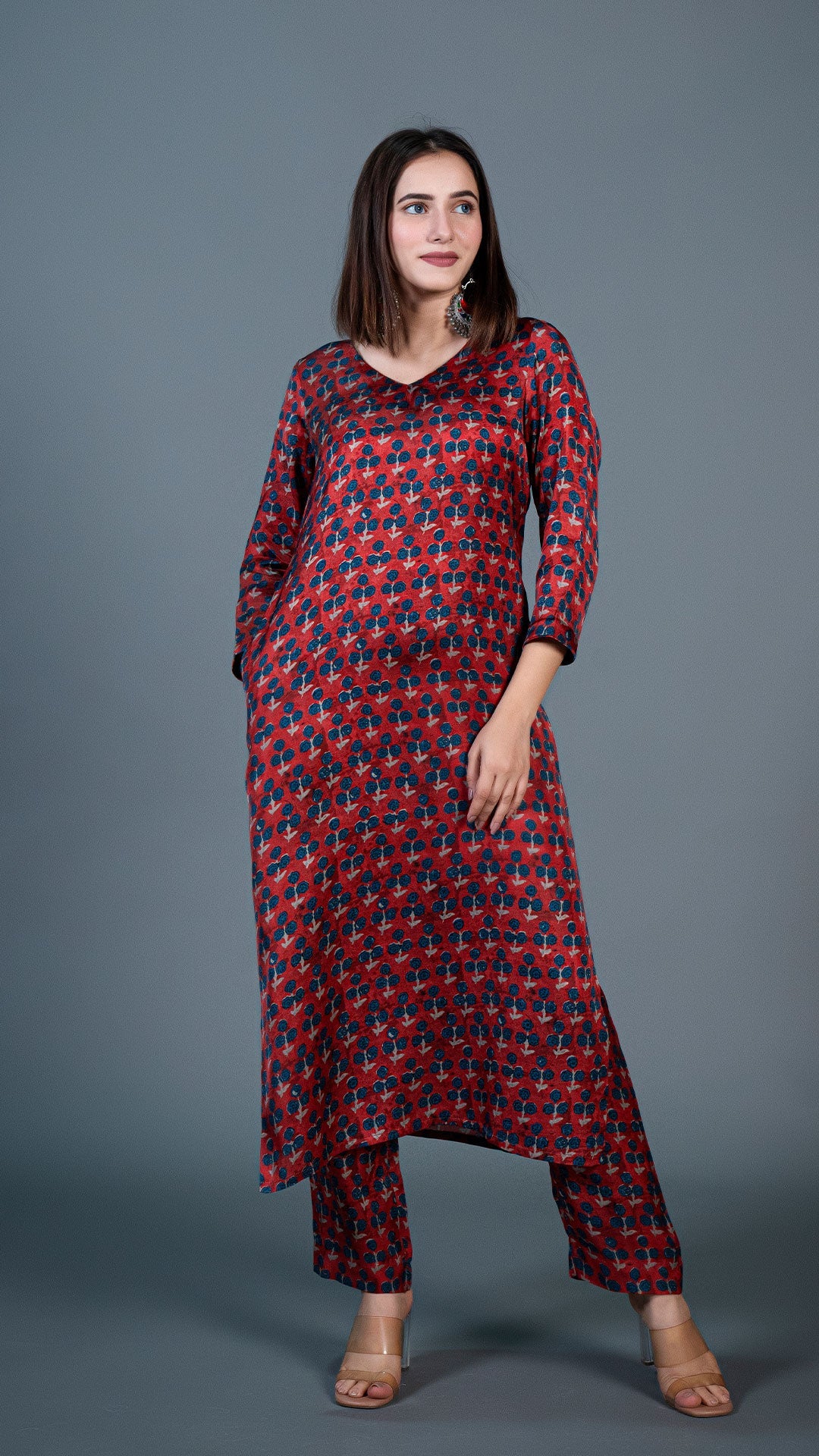 Deep Red Small Flower Print Kurta In Modal Silk