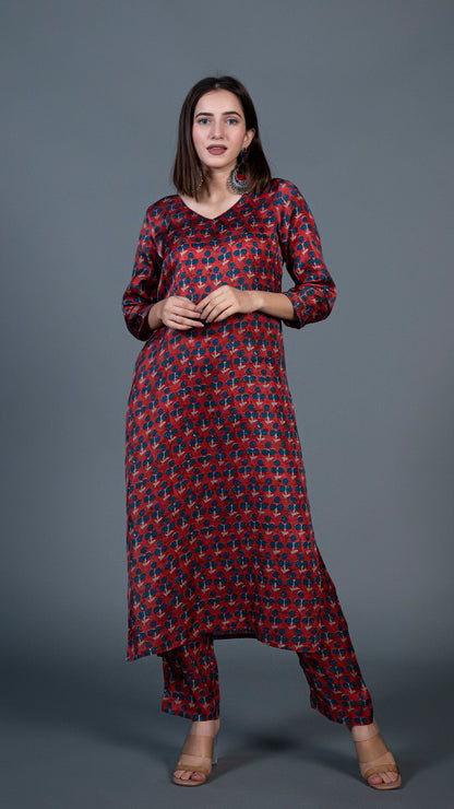 Deep Red Small Flower Print Kurta In Modal Silk