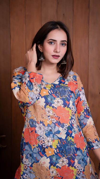 Floral Illusion Pure Linen Kurta - Blue/Multi