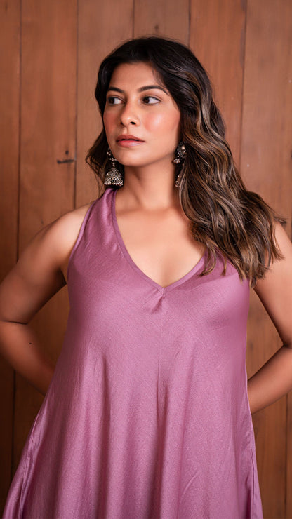 Mauve Halter Neck Flared Dress In Chanderi Silk