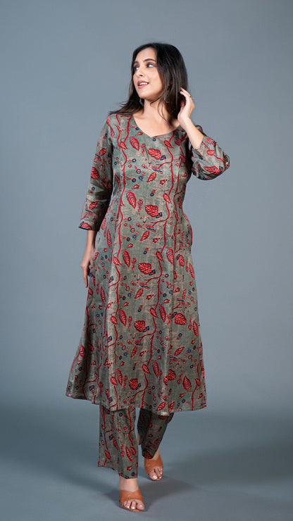 Dusty Green leafy print Kali Kurta In Modal Silk