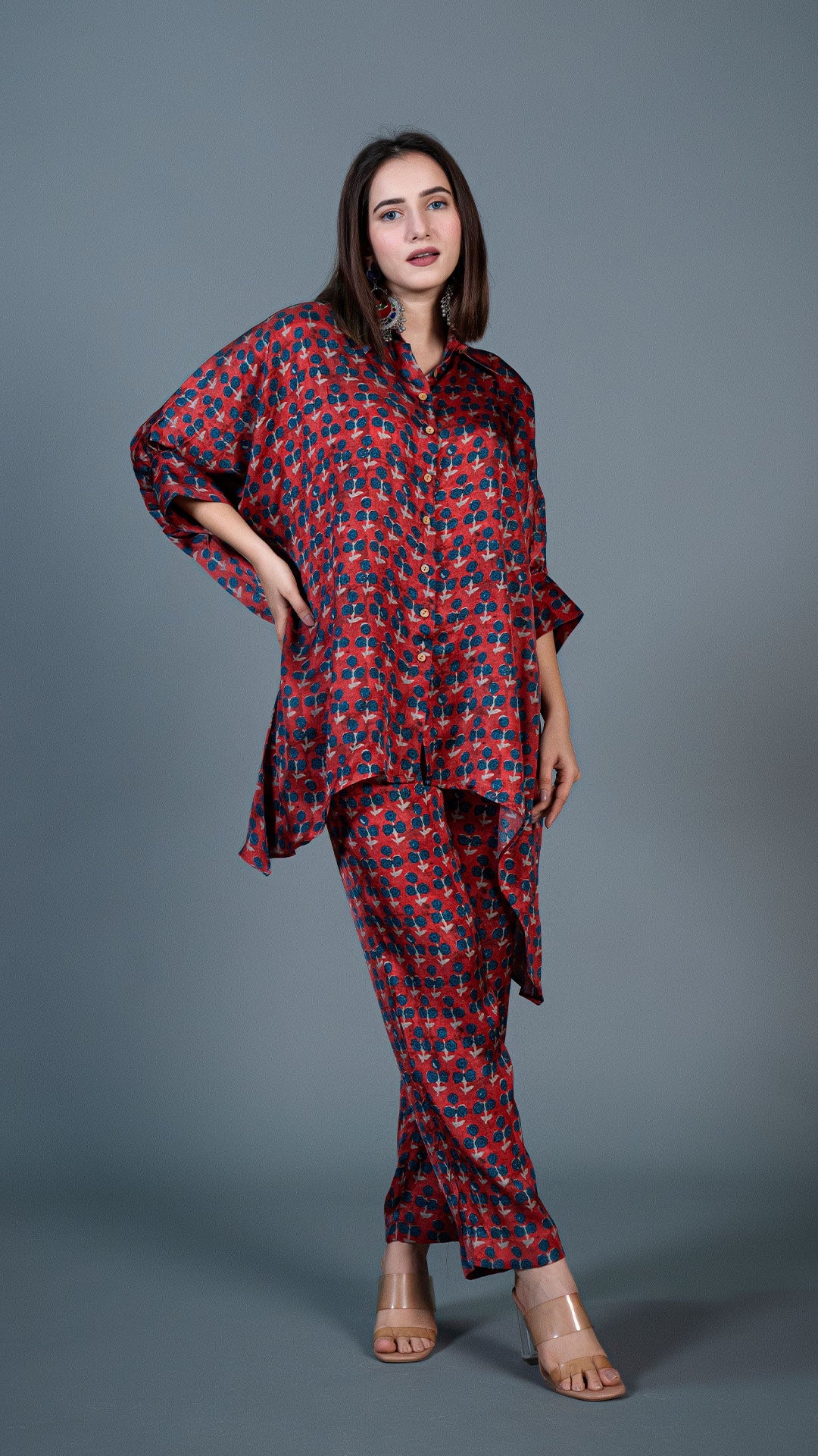 Maroon Small Flowers Kaftan Style Co-ord Set In Modal Silk