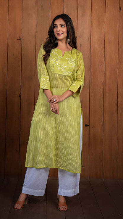 Aamna Mul Cotton Kurta - Lime Green