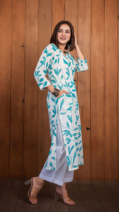 Hrida Mul Cotton Kurta - White/Blue