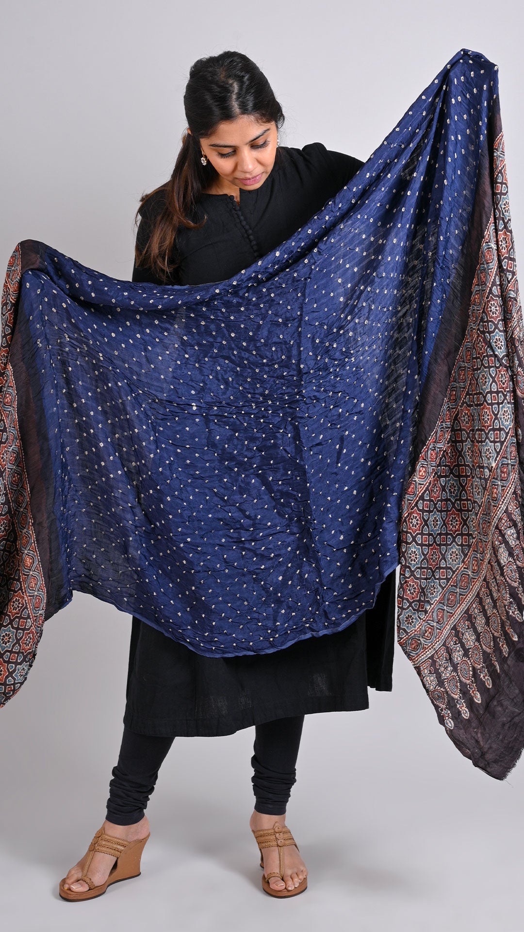 Navy Blue - Black Bandhani Ajrakh Dupatta In Modal Silk