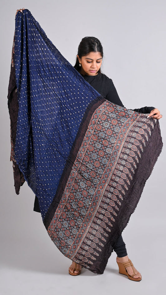 Navy Blue - Black Bandhani Ajrakh Dupatta In Modal Silk