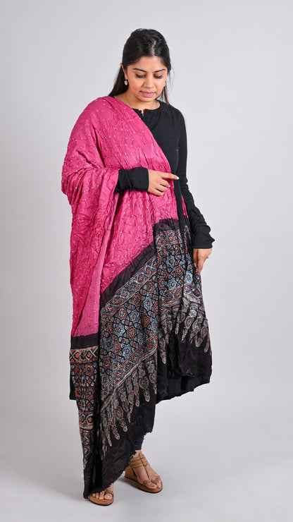 Pink - Black Bandhani Ajrakh Dupatta In Modal Silk