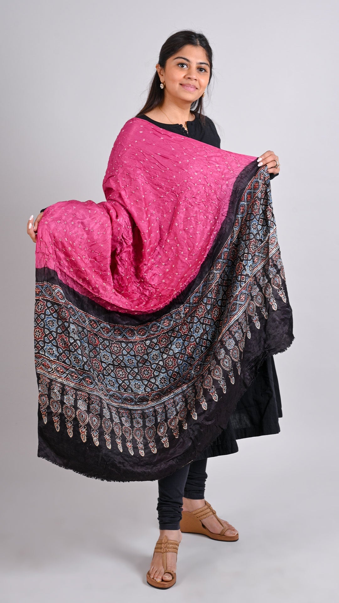 Pink - Black Bandhani Ajrakh Dupatta In Modal Silk