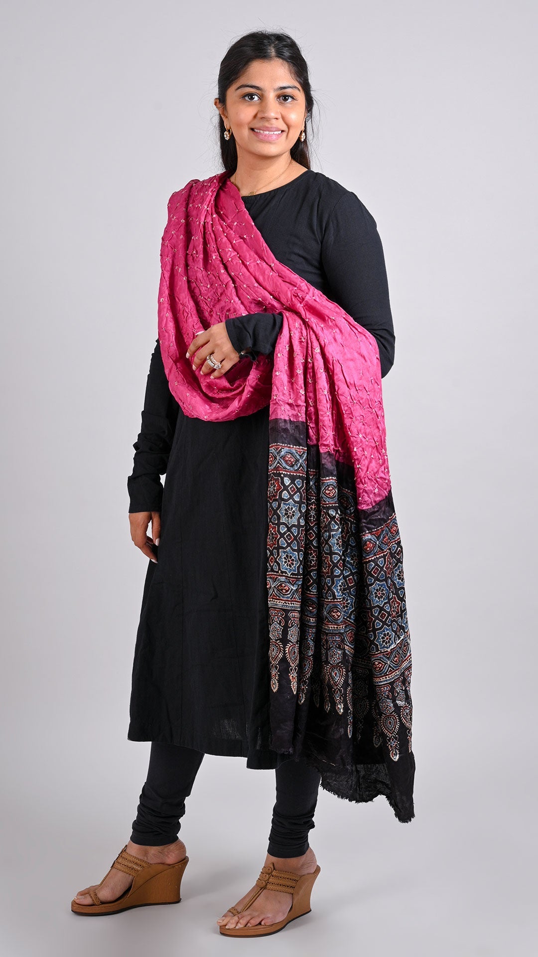 Pink - Black Bandhani Ajrakh Dupatta In Modal Silk